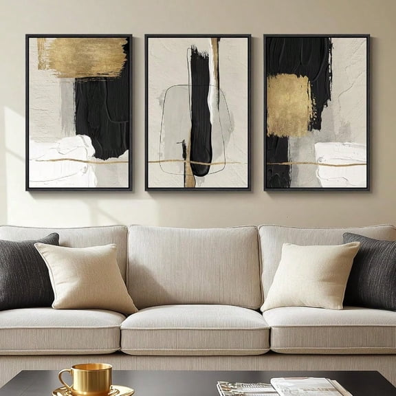 Framed Black and White Abstract Wall Art 3 Piece Canvas Prints Paintings Artwork for Walls Modern Minimalist Gold Beige Block Pictures for Living Room Hallway Office Wall Decor 16x24 Inch