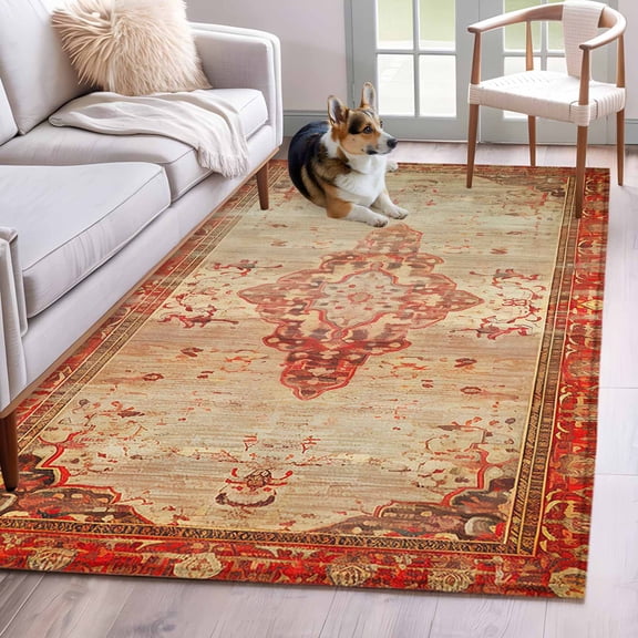 3'x5' Area Rugs, Red Beige Indoor Outdoor Area Rug for Living Room Bedroom, Vintage Boho Ethnic Geometric Abstract Art Washable Bathroom Rugs Kitchen Floor Carpet Mats Home Decor Aesthetic