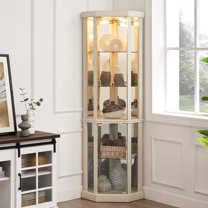 HIUU Antique Corner Cabinet with Glass Door and Lighting, Wood Display Cabinet Corner with 5 Cabinet for Living Room, Cabinet for Wine and Antique Storage,White