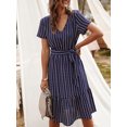 thumbnail image 4 of Vestido de mujer con volantes y cinturón con estampado de rayas con cuello en V Vestido de mang Abanopi Vestido de mujer, 4 of 7