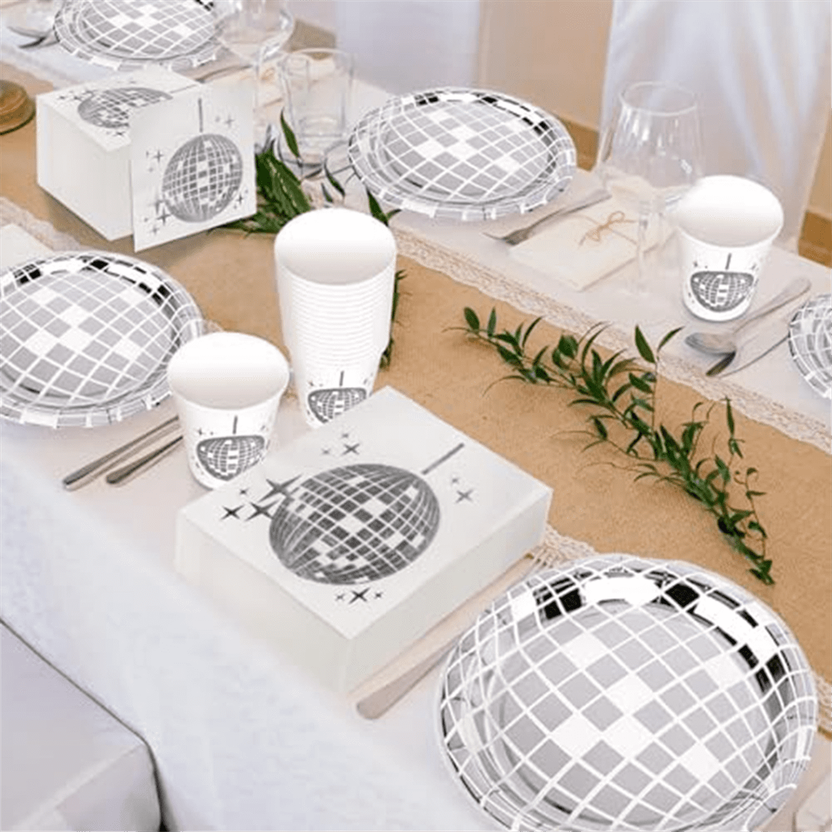 Disco Party Supplies Tableware Set Disco Ball Dinner Plate Napkin Fork Disco Birthday Rock Dance Music Party, 150 PCS