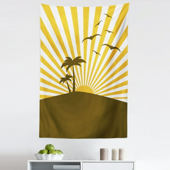 Coconut Tapestry, Pop Art Style Island with Palms Seagulls Sun Caribbean Evening, Fabric Wall Hanging Decor for Bedroom Living Room Dorm, 5 Sizes, Earth Yellow Chocolate, by Ambesonne