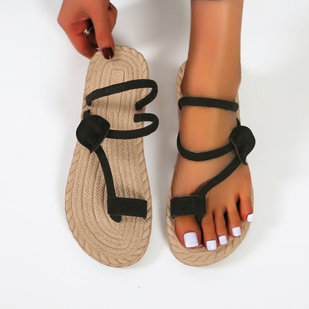 

HIBRO Ladies Fashion Suede Woven Bottom Slippers Set Toe Flat Beach Sandals