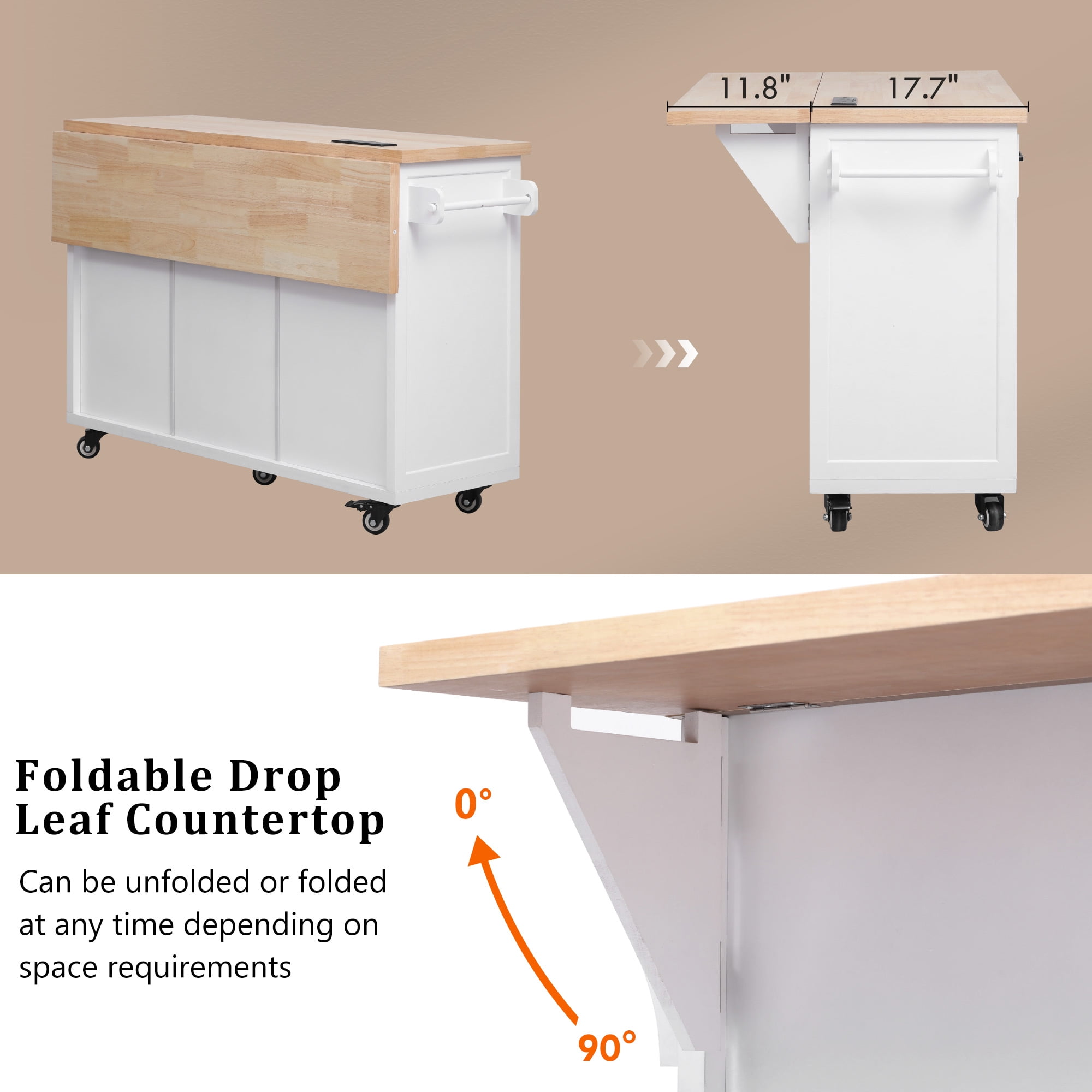 Mintazer 56.5" Vertical Stripe Kitchen Island Cart with Drop Leaf & Power Outlet and Adjustable Shelves, Rolling Kitchen Island Table with 5 Drawers, 2 Cabinets & Spice Rack for Dining Room, White