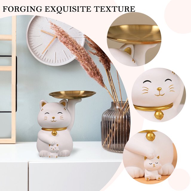 Decoración De Almacenamiento Escultura de gato de la fortuna, decoración de dulces, artículos varios, escultura de animales para el hogar (blanco) Libre de BPA