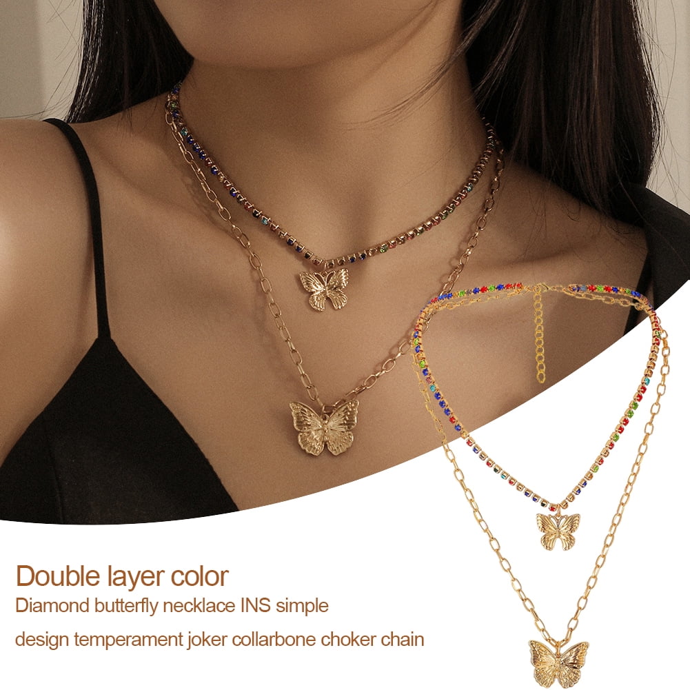 Download Mojoyce Mojoyce Retro Women Double Layers Necklace Color Rhinestone Butterfly Pendant Chain Walmart Com Walmart Com