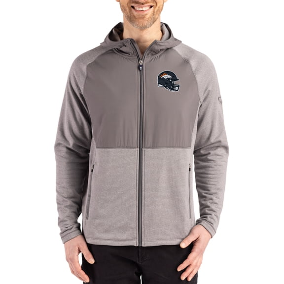 Men's Cutter & Buck  Heather Gray Denver Broncos Peshastin Eco Fleece Recycled Raglan Full-Zip Tri-Blend Hybrid Jacket