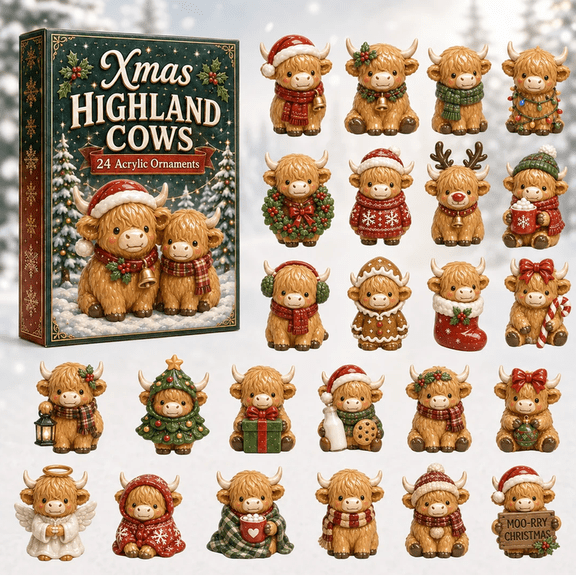 Xmas Highland Cow Moments Advent Calendar, 24-Day Holiday Countdown with 24 Acrylic Highland Cow Hanging Charms, Cute Farm Animal Surprise Gift for Highland Cow Lovers, Family and Friends