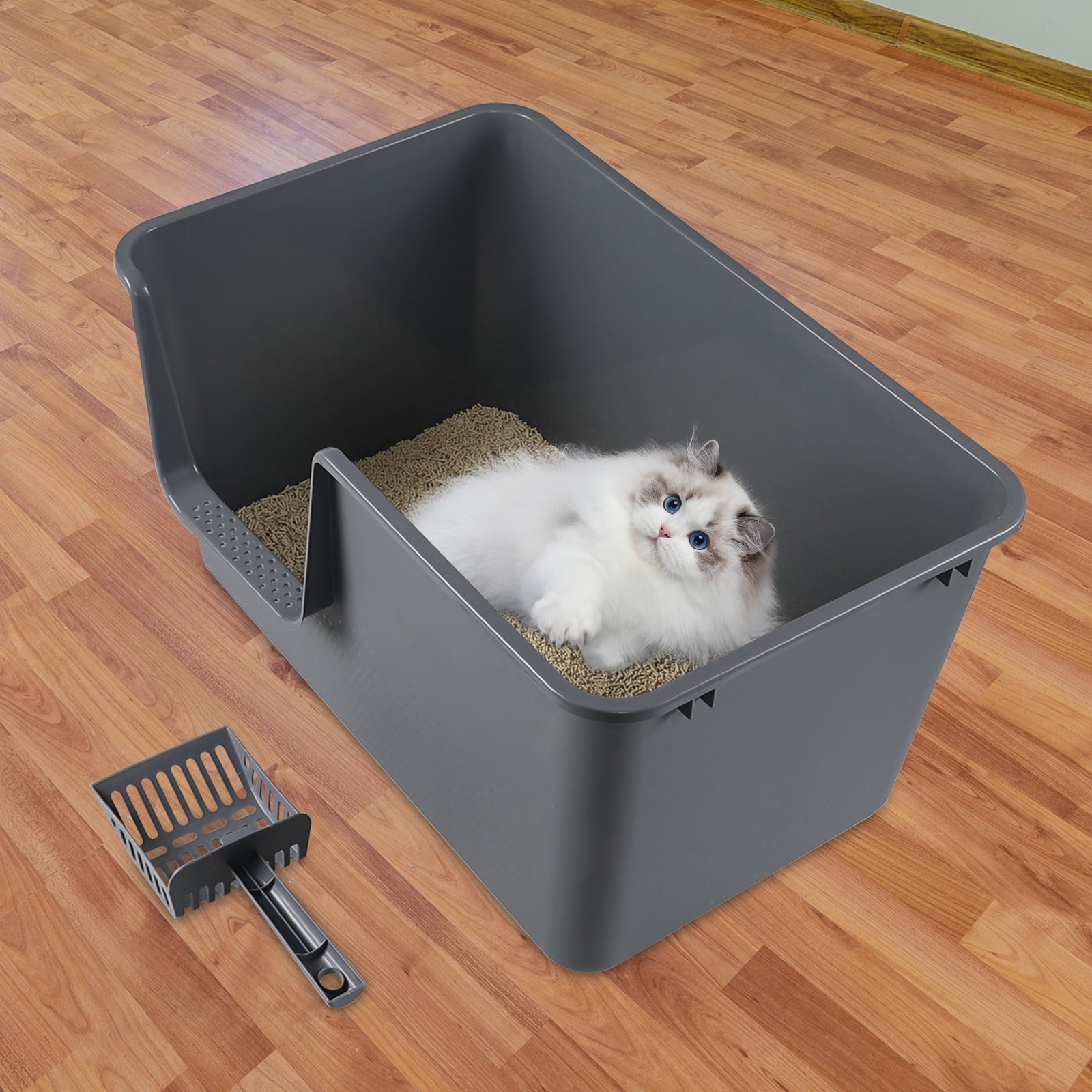 Doryh 2-Pack Plastic Cat Litter Box High Sides, Large Cat Litter Box Basin with Scoop, Gray