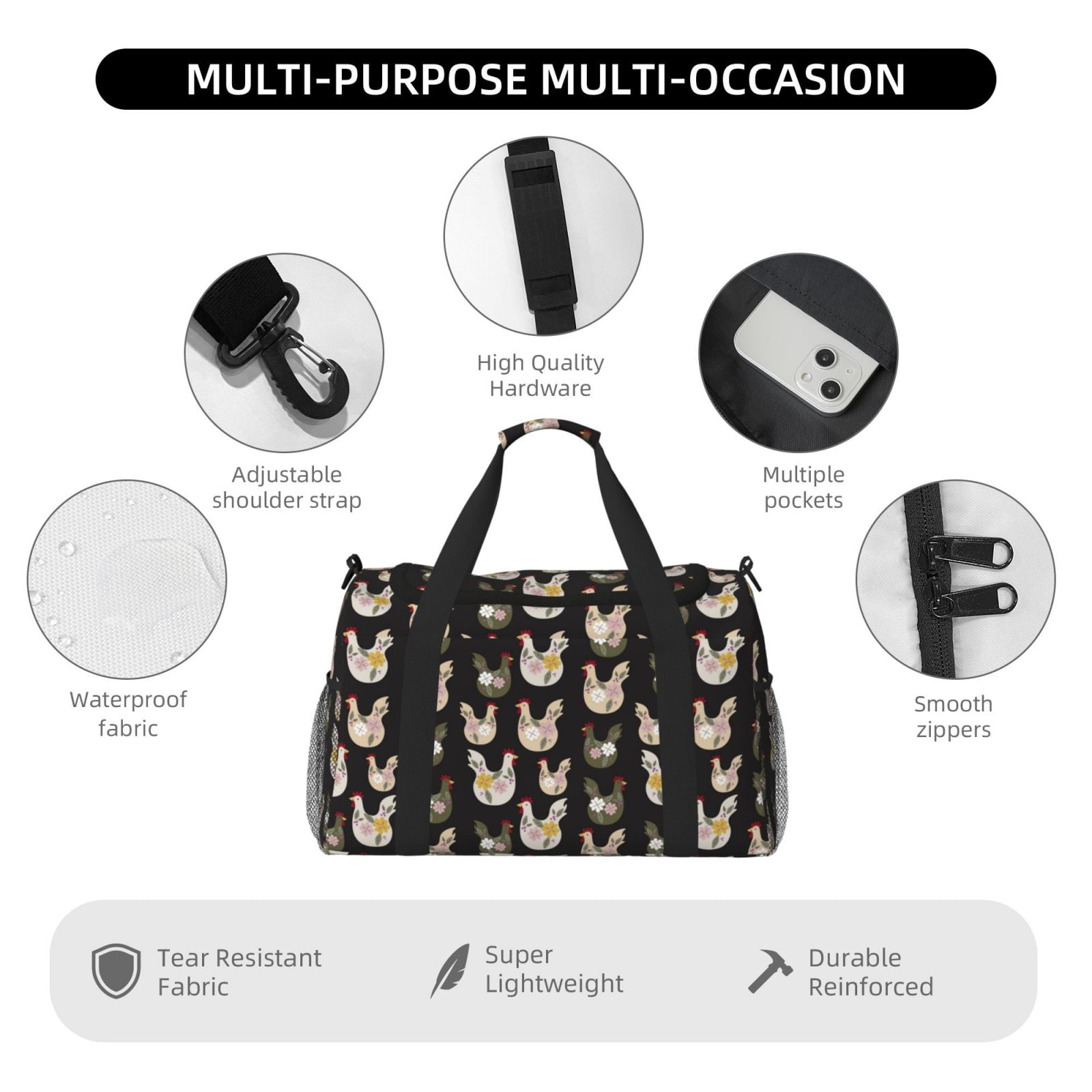 Fuzoiu Flowe Rooster Print Travel Duffle Bag,Carry On Tote Bags,Duffel Bag,Sport Gym Bag, Hospital Bag for Labor and Delivery, Overnight Bag,Luggage Bag
