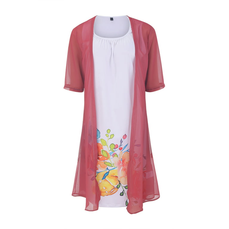 Women's Floral Print 2 Piece Dress Lace Creewneck Boho Sliming Midi Dress  Sleeveless with Chiffon Jacket Tea Length S-3XL