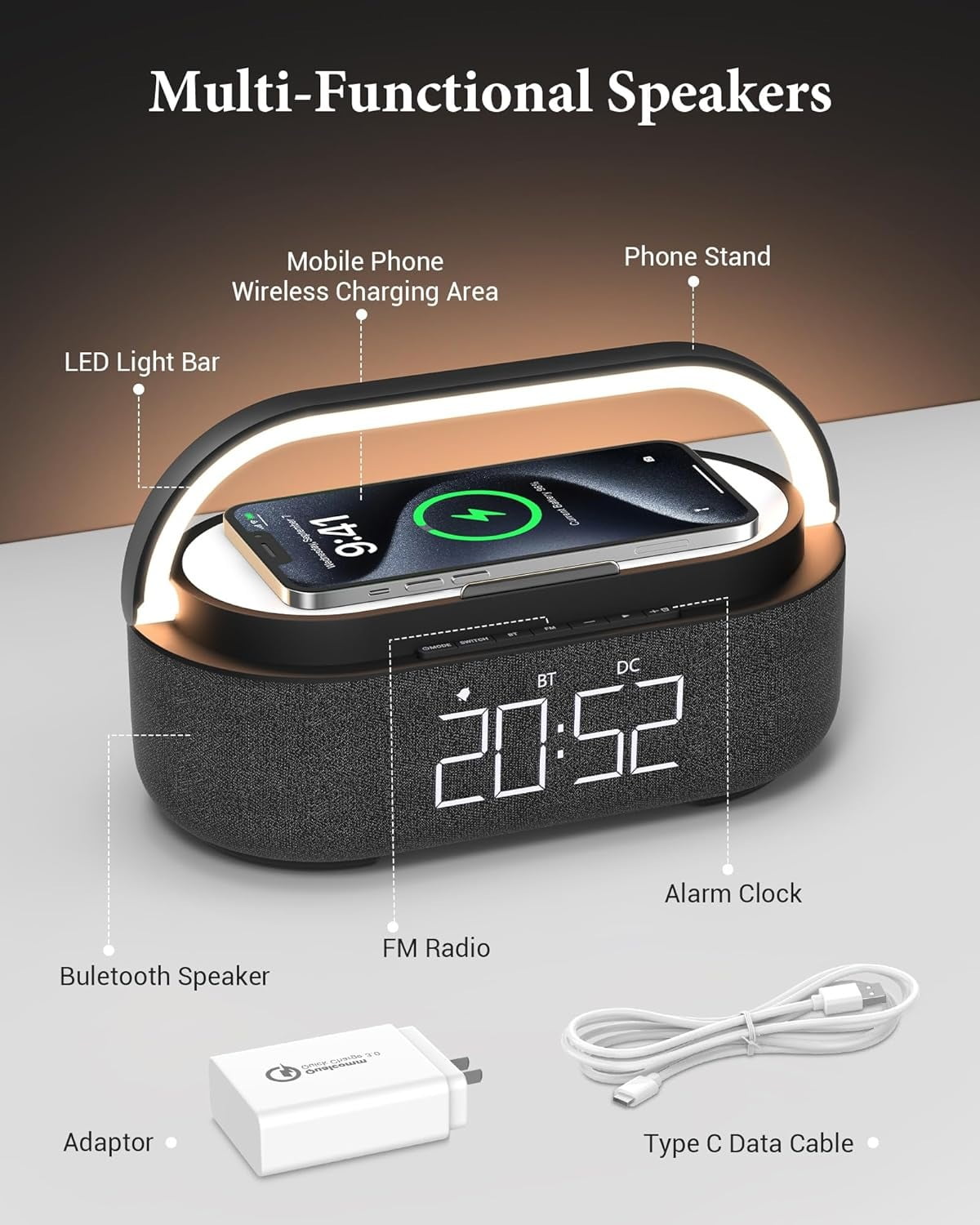 FreeFish Bluetooth Speaker Alarm Clock with Wireless Charger, LED Night Light, 2500mAh Battery - For Bedroom, Home + 18W Adapter Black
