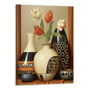 Creowell  Still Life Canvas African Vase Wall Art Vertical Brown Painting Tribal Vase Picture Tulip in Retro Vase Artwork Prints for Bedroom Living Room Kitchen FRAMED 16x20 Inch
