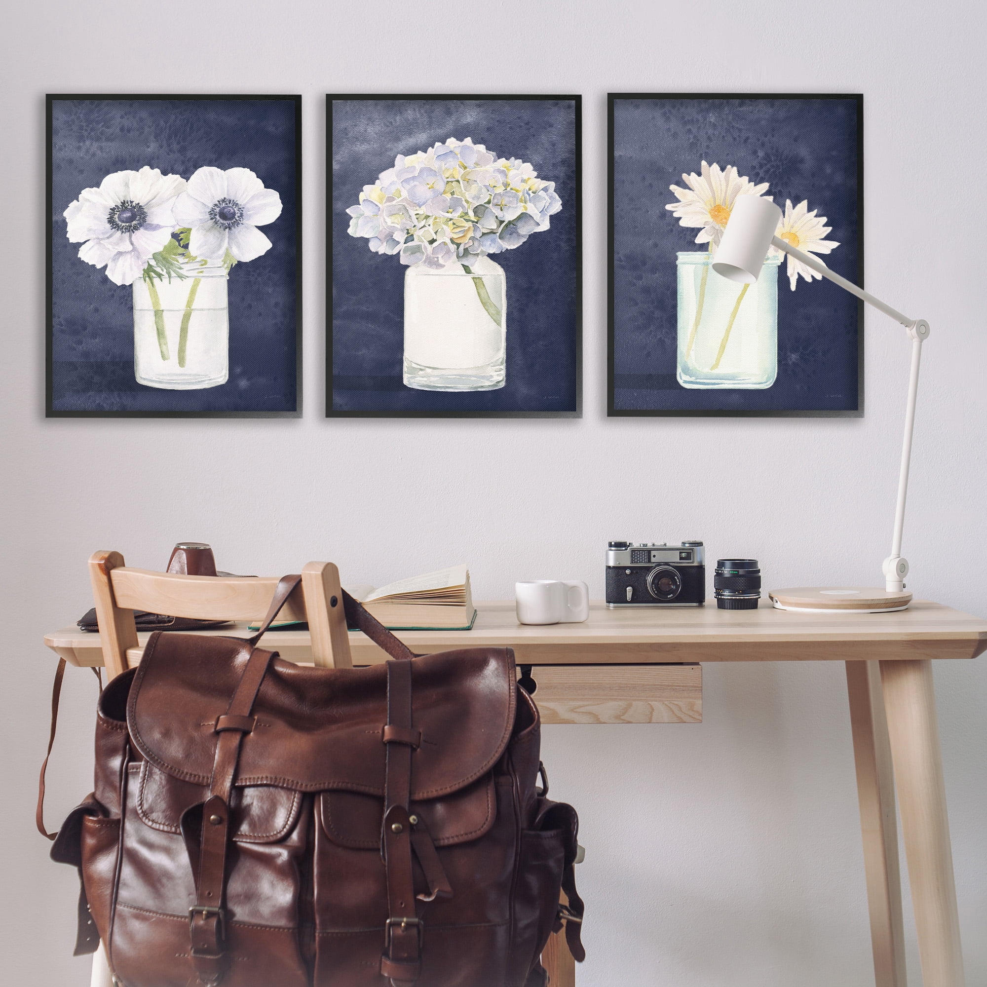 Stupell Industries Navy Blue Flower Bouquets Botanical & Floral Painting Black Framed Art Print Wall Art, 24 x 30, Set of 3