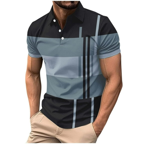 Eltusu Men's Polo Shirts, Button Pullover Summer Lapel Collar Short Sleeve Shirts Gray Size L