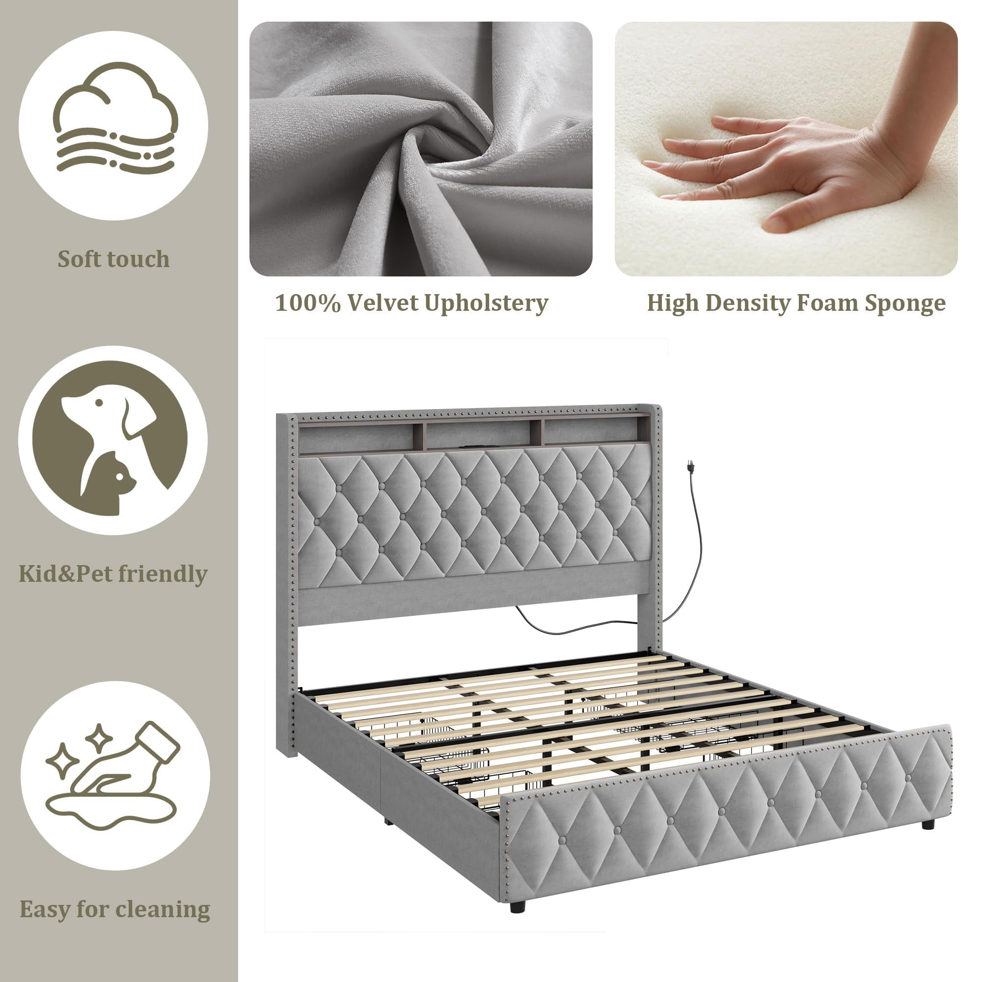 Memoryfield Upholstered King Size Bed Frame, Velvet Platform Bedframe with 4 Storage Drawers & USB Charging Station, No Box Spring Needed, Easy Assembly, Gray
