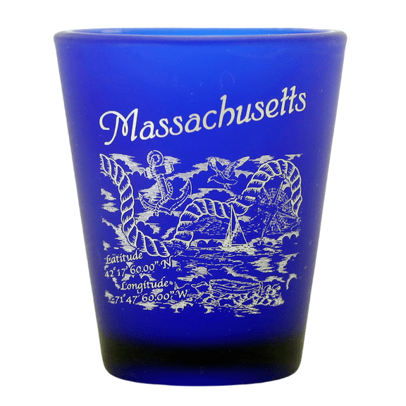 Massachusetts Nautical Scene Pencil Sketch Cobalt Blue Frosted Shot Glass