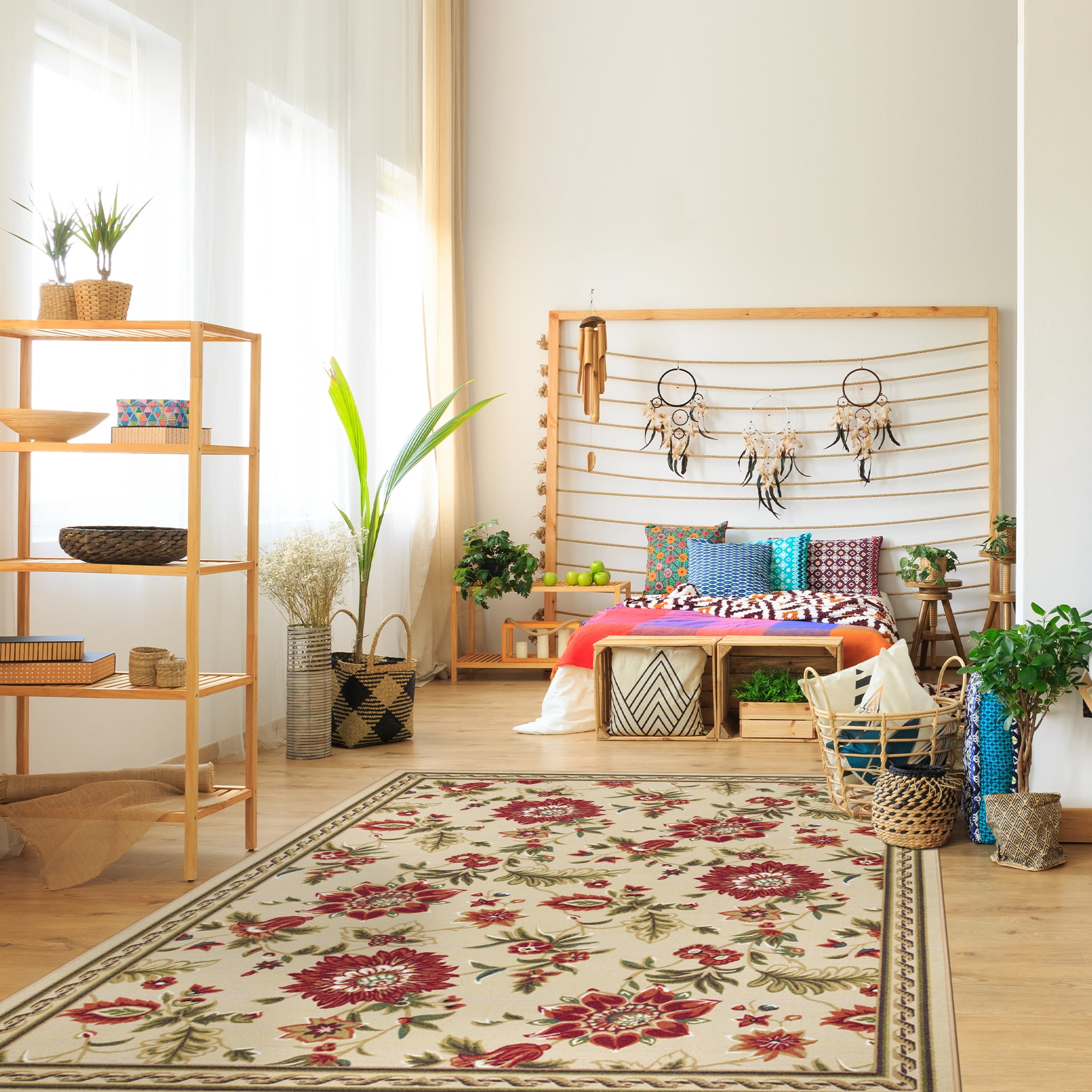 Ottomanson Non-Slip Area Rug for Living Room 6'6" x 9'2" Durable Low Profile Carpet, Beige Floral