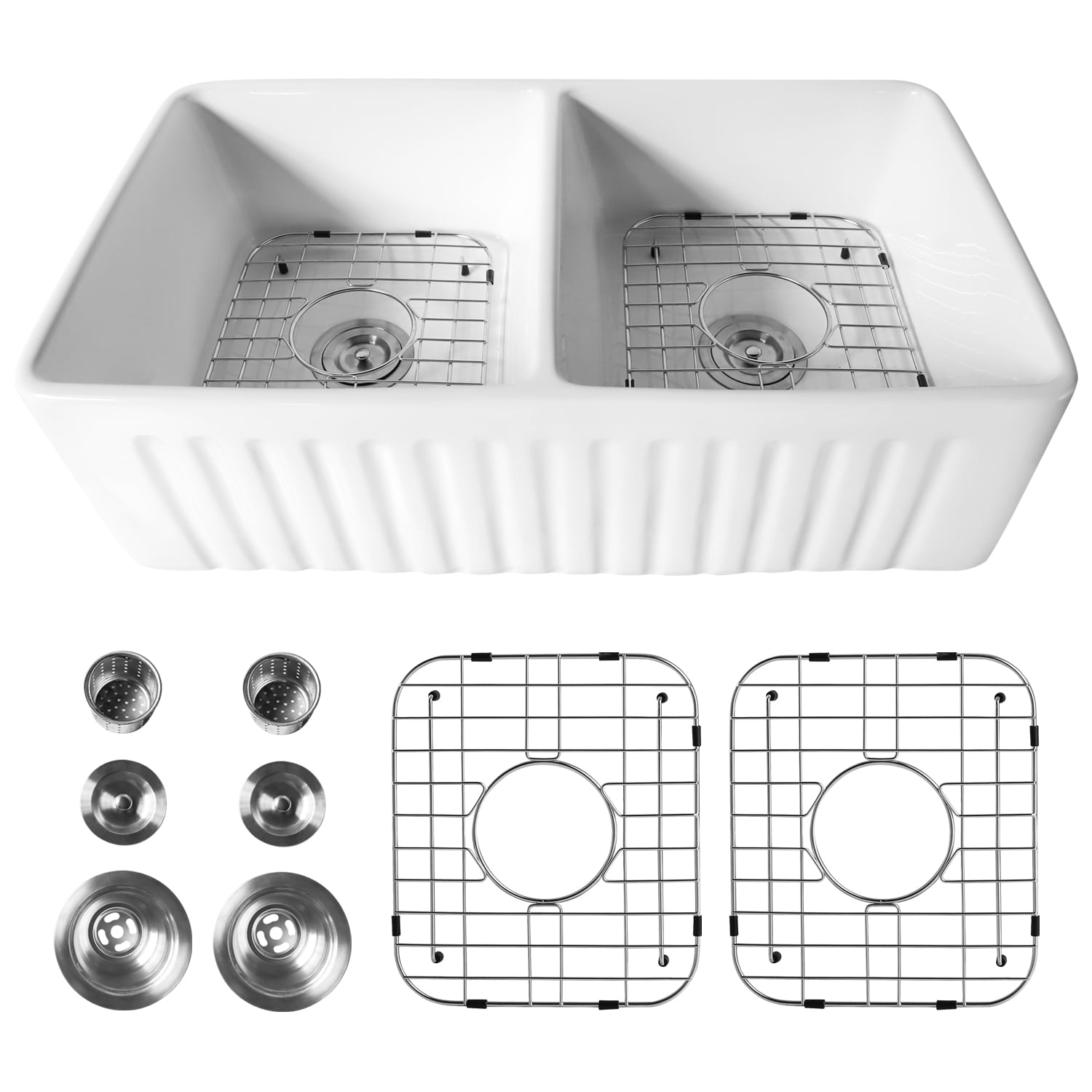 37 in. Farmhouse Kitchen Sinks Double Bowl Apron Undermount Vessel 33"x18"x10" Sink White