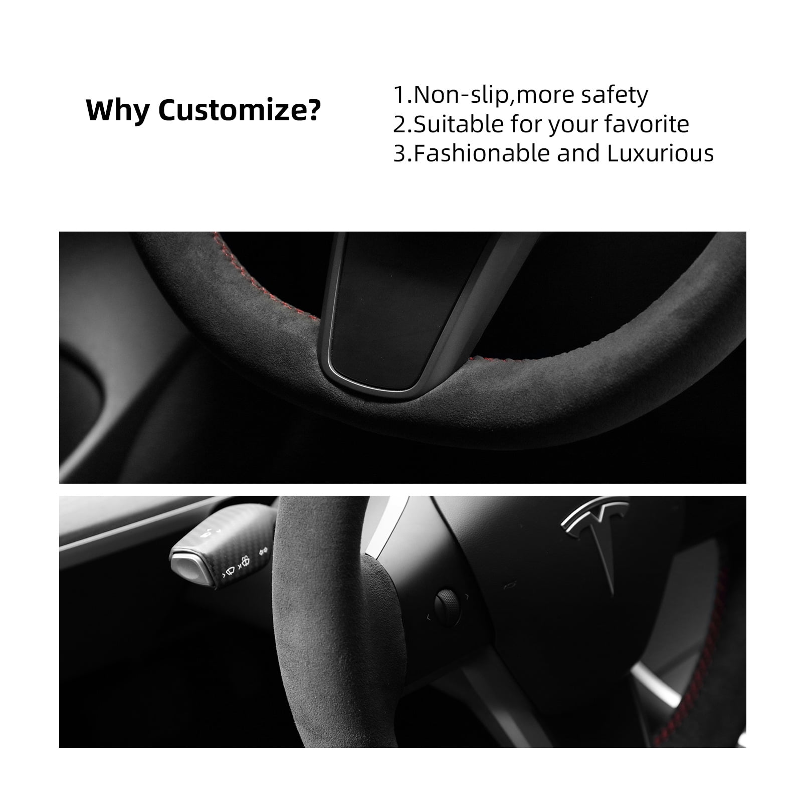 Alfanxi Hand Stitch Sewing Italy Alcantara, 3-Color Stripes Steering Wheel Cover for Tesla Model 3/Tesla Model Y  2018-2023