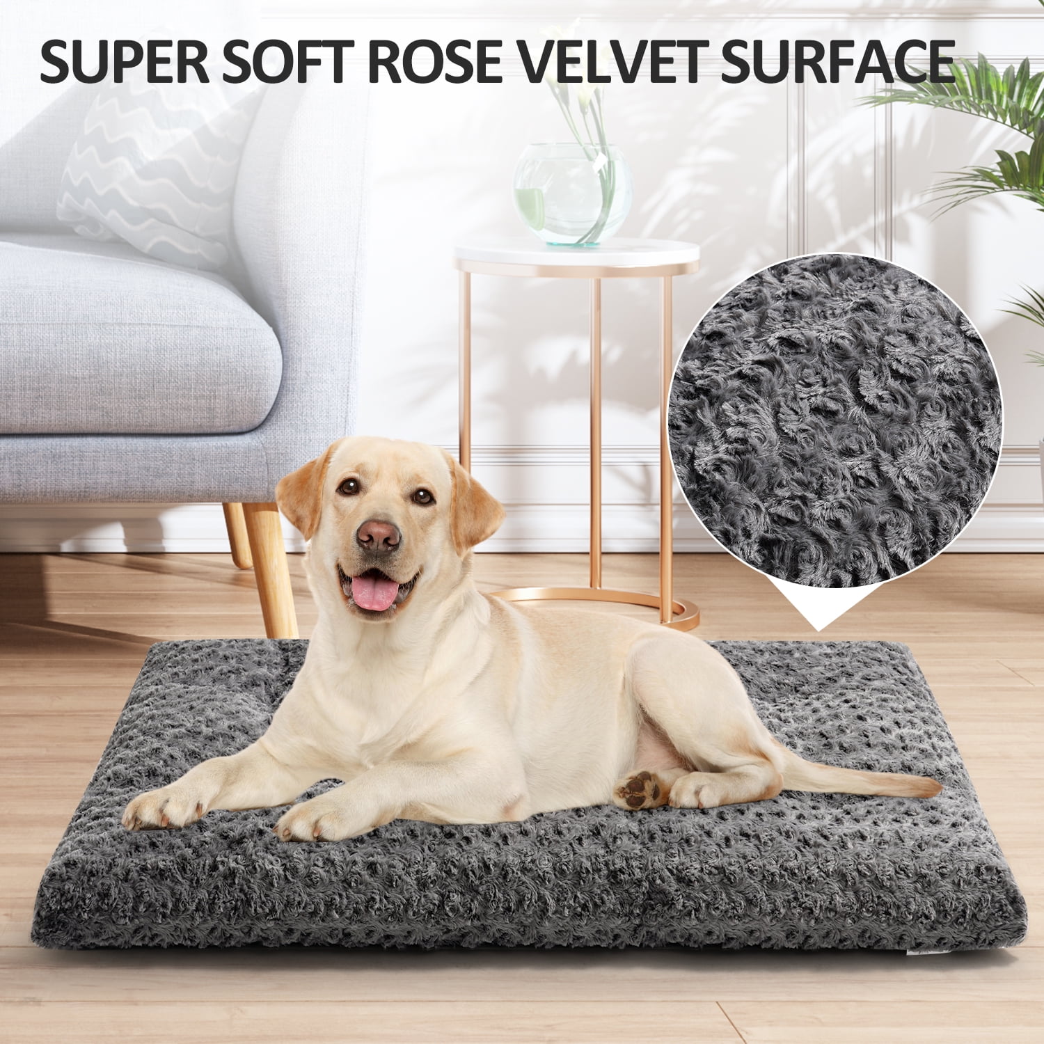 Emonia Large Dog Bed, Luxury Rose Velvet Pet Mattress,Dog Pad for Crate, Non Slip Bottom, Suitable for Large, Medium Dogs 48 "x 30", Light Gray