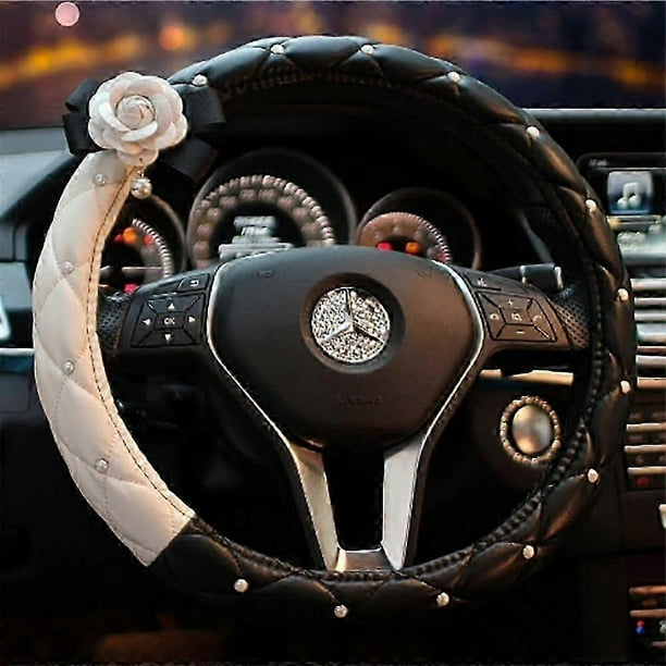 Car Steering Wheel Cover Women's Fashion Camellia Diamond Pearl Accent, Universal Fit, Leatherette Material
