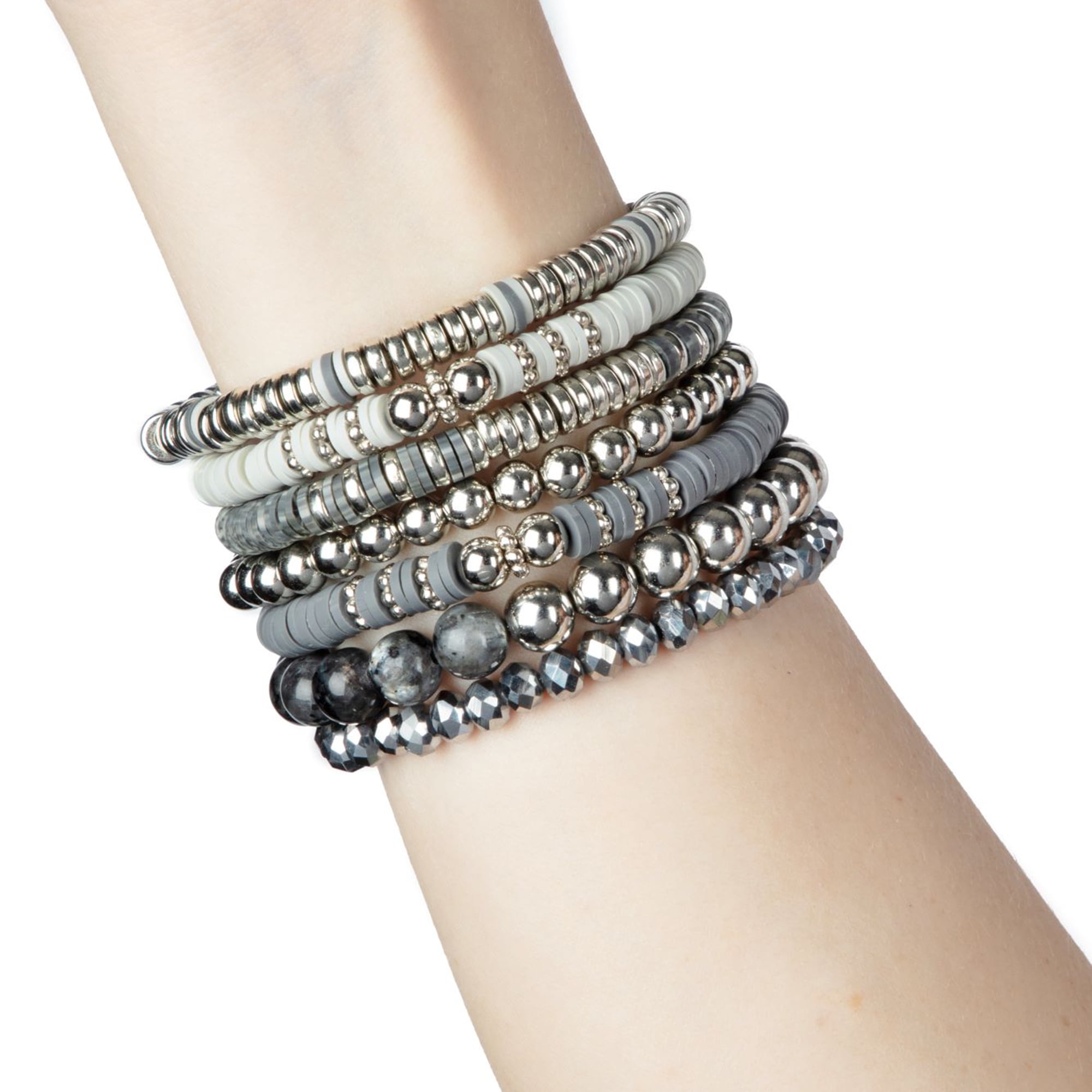Cousin DIY Gray and White Heishi Stack DIY Bracelet Kit, Clay/Acrylic/Metal, 564 Beads, Adult