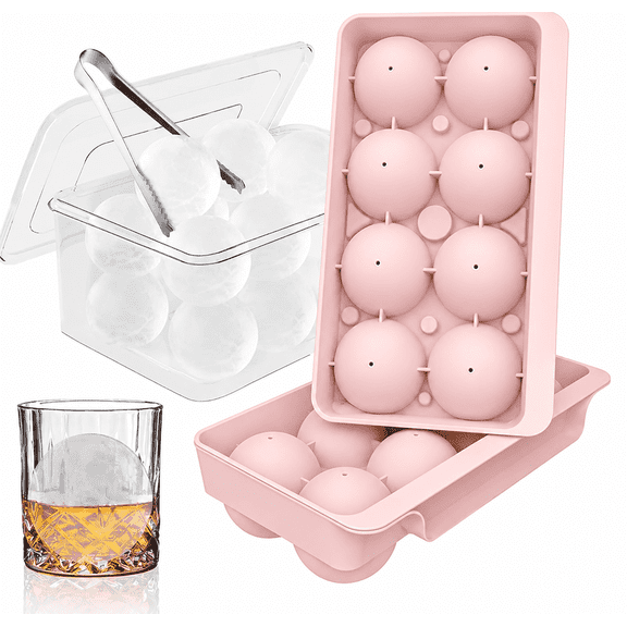 Large Ice Cube Mold, 2.5 Inch Round Ice Ball Maker Tray for Whiskey Bourbon Cocktails, Easy Twist Release Freezer Ice Sphere Mold with Storage Box, 8 Balls, 2 Pack Pink