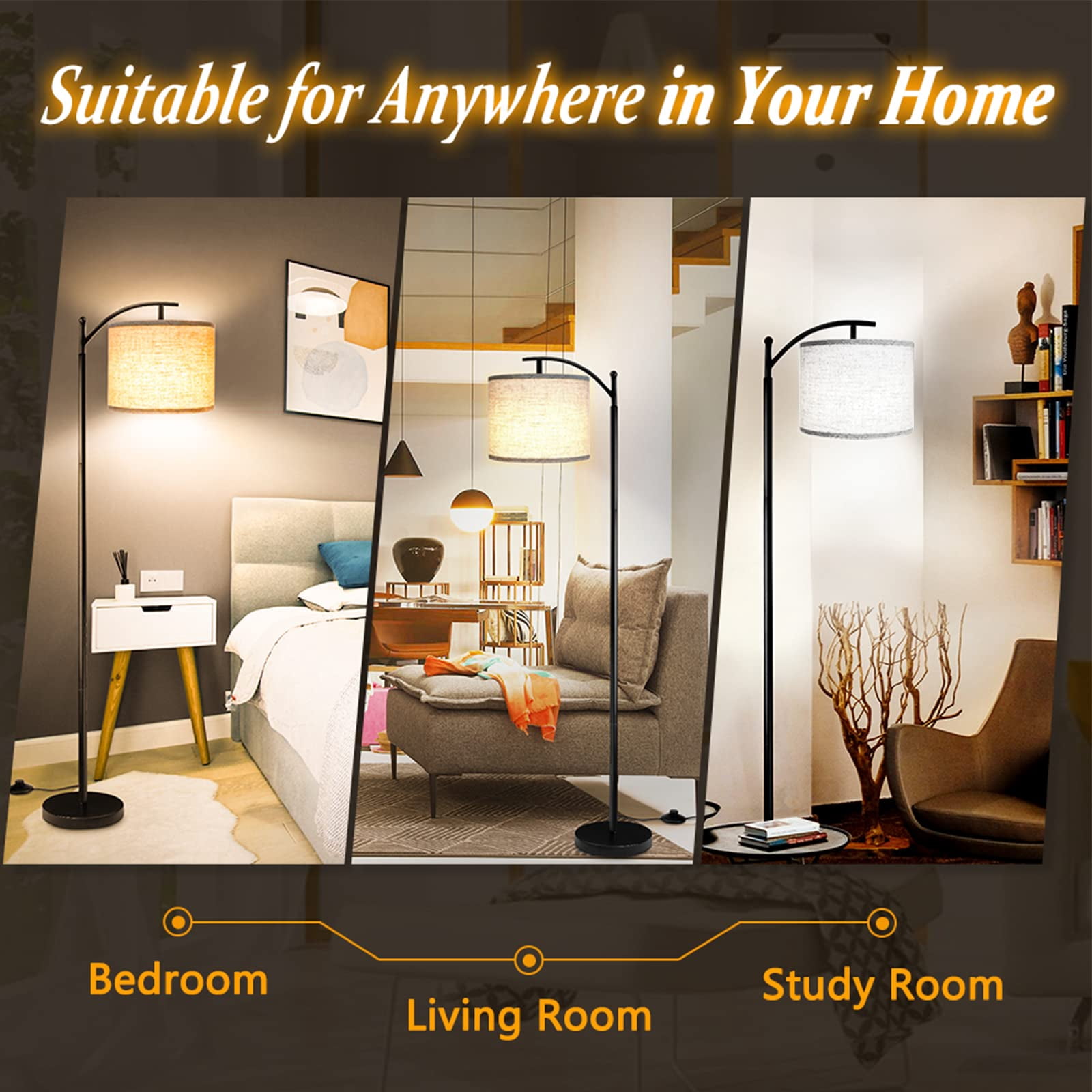 Floor Lamp With 3cct Led Bulb  Gray Linen Shade For Living Room Modern Standing Bedrooms - Black