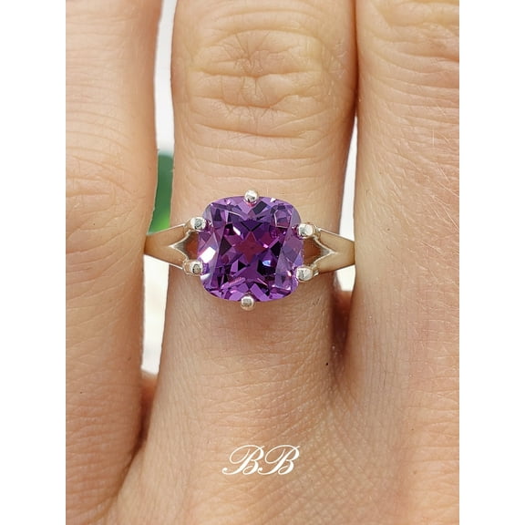 8mm - 10mm Lab Purple Sapphire Cushion Cut, 6 Prong Solitaire Ring, Sterling Silver