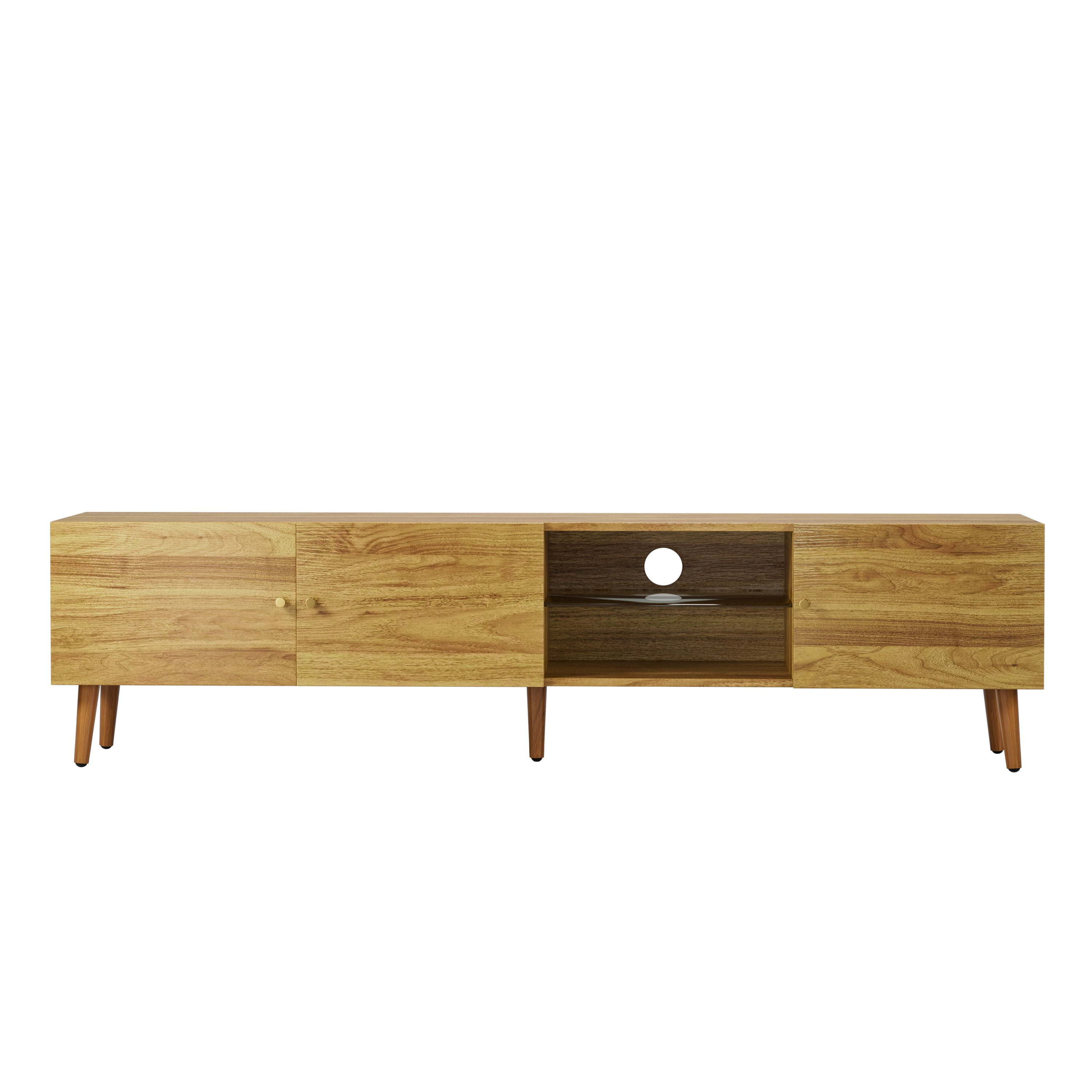 Paproos TV Stand for 70 inch TV, Mid Century TV Cabinet with 3 Doors, TV Console Table with Storage Cabinets, Media Console Table Entertainment Center with Open Shelve for Living Room, Office, Oak