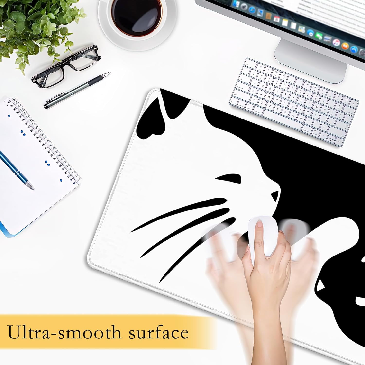 Cute Black and White Cats Desk Mat,Large Gaming Mouse Pad,Non-Slip Rubber Base Mousepad with Stitched Edges,Waterproof Mouse Mat Desk Pad for Work, Game, Office (31.5x15.7 in)