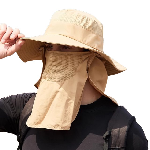 CSChome Sun Protection Hat Unisex Hat with Face Front Cover Face Neck Protection Hollow Mesh Windproof Fixed Strap UV Foldable Sunscreen Breathable