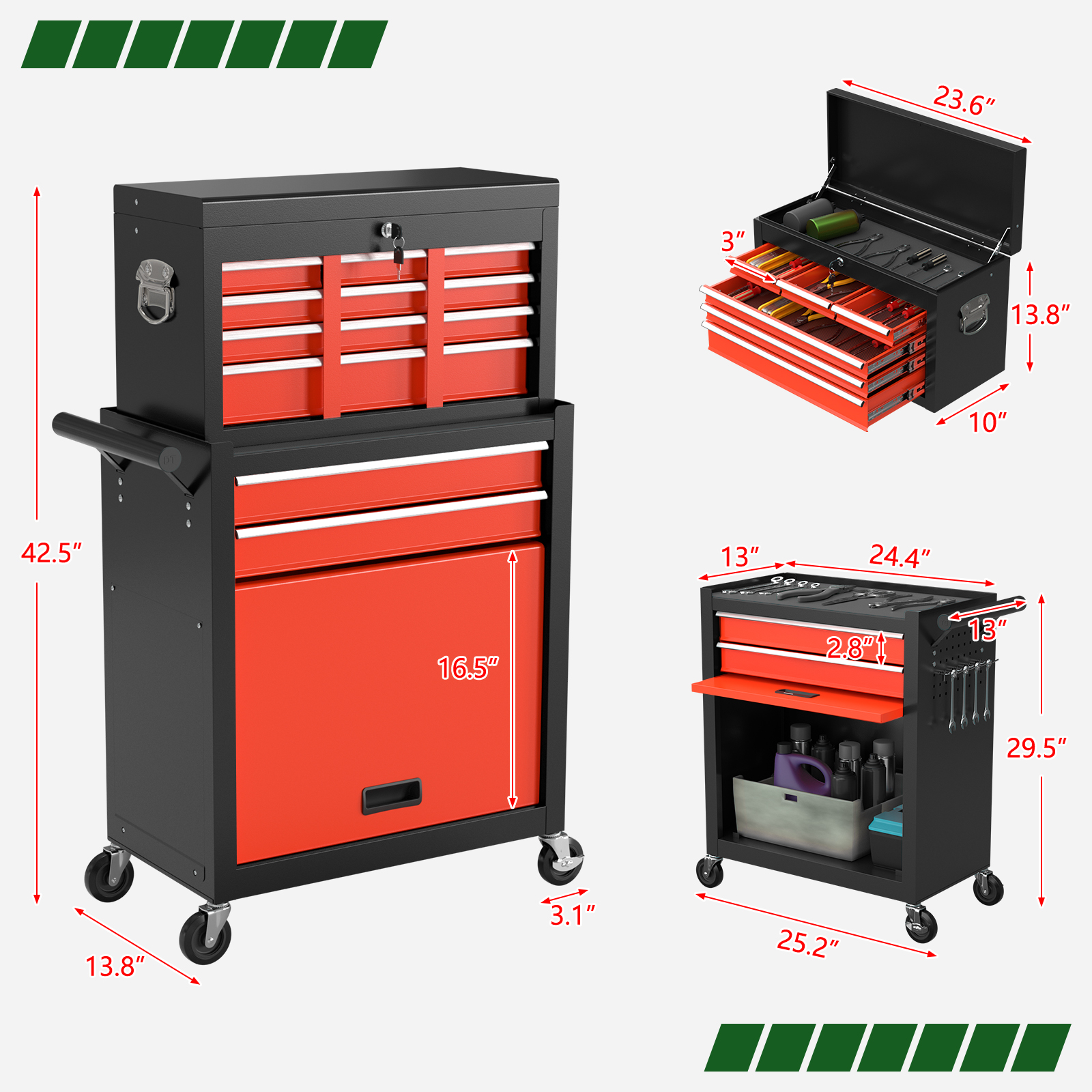 Odaof 8 Drawer Mechanic Tool Chest with Wheels Heavy Duty Rolling Tool Box Cabinet with Riser Sliding Drawers Keyed Locking System Top Detachable Toolbox Organizer for Workshop-Black&Red