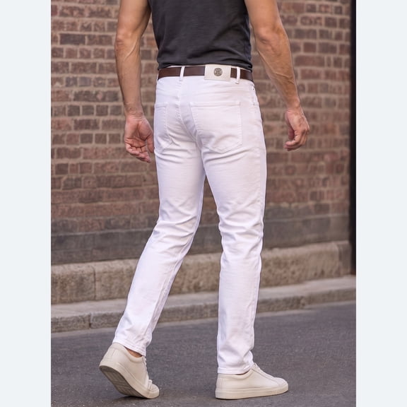 Men's White Slim Straight Stretch Jeans, Casual Mid-Rise Denim Pants for Work, Vacation& Daily Wear