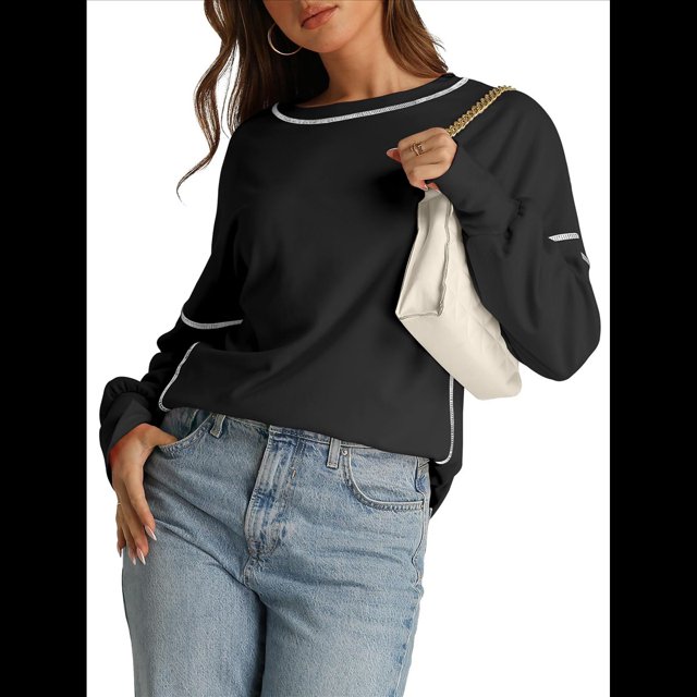 Sudadera Informal de Cuello Redondo para Mujer, Larga, Talla Grande, , con Costuras en Contraste, para Otoño. Negro L