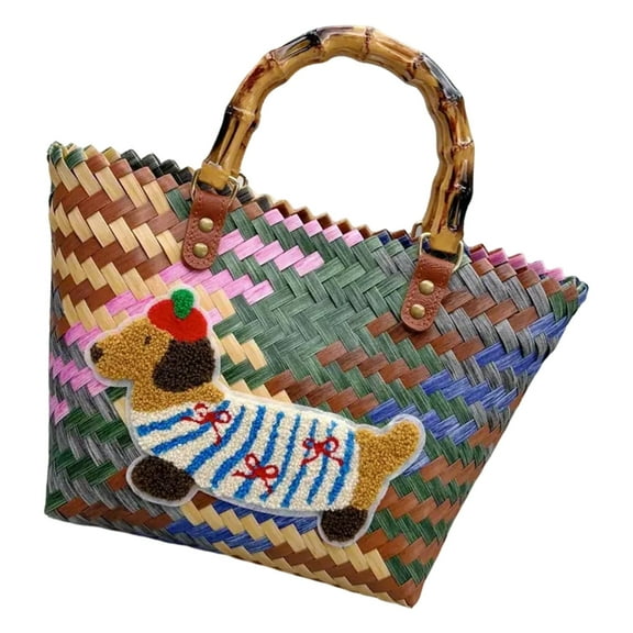 Retro Striped Dachshund Woven Bag Large Capacity Handbag Beach Bags for Women