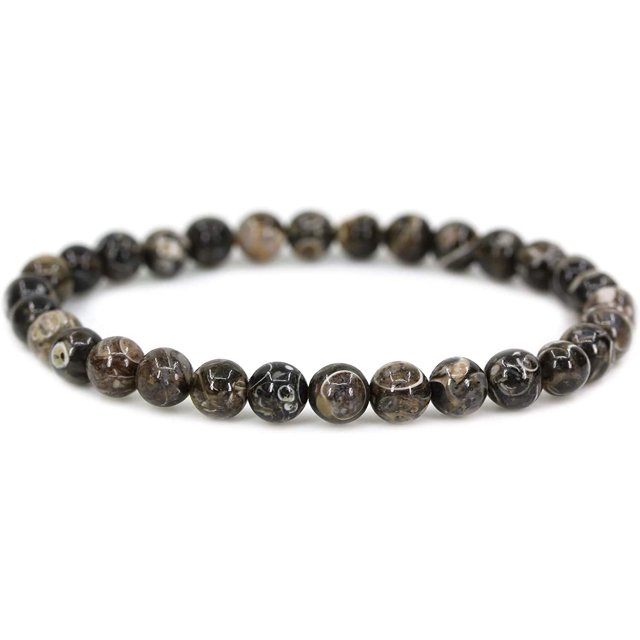 Bracelet Extensible Unisexe en Perles Rondes 6 mm avec Pierre Précieuse Fossile de Cauri Naturel