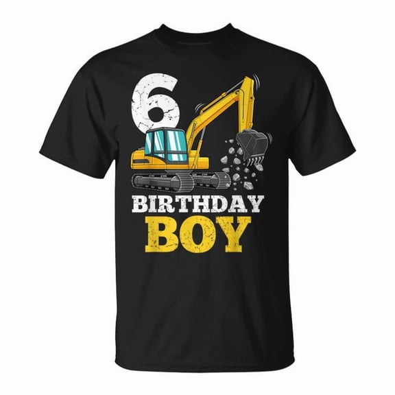 6 Years Old Birthday Boy Construction Birthday Party Graphic Cotton Tee Unisex Adult Casual Kids Celebration T-Shirt, Size 2XL, Color Black