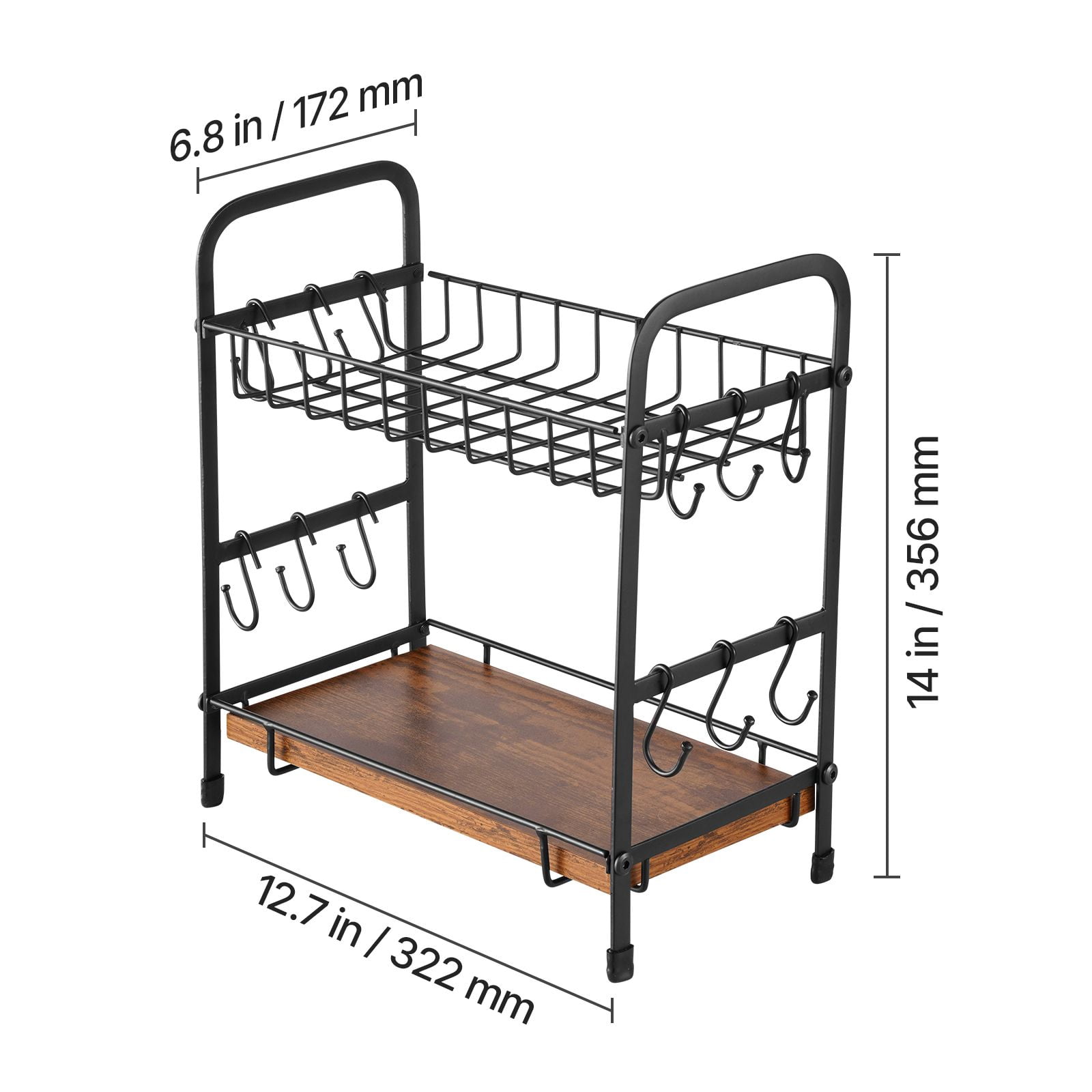 Coffee Bar Organizer 12 Hooks 2-Tier Carbon Steel Countertop Rack for Kitchen Office Breakroom