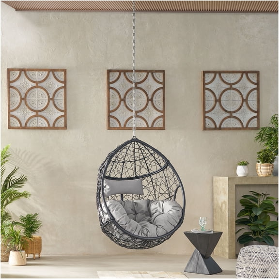 JERFIT 8ft Chain Hanging Swing Chair for Porch, PE Woven Rattan Egg Chair with Water Resistant Cushion, Grey Black Teardrop Hanging Basket Chair for Indoor Outdoor Use