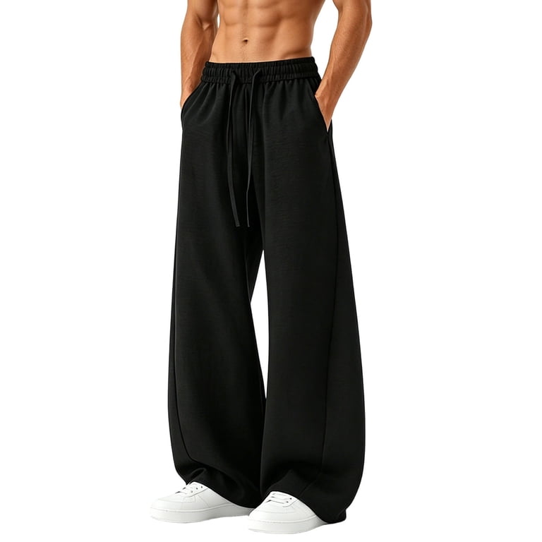 Mens Wide Leg Pants Pleated Baggy Pants Casual Pants Elastic Waist