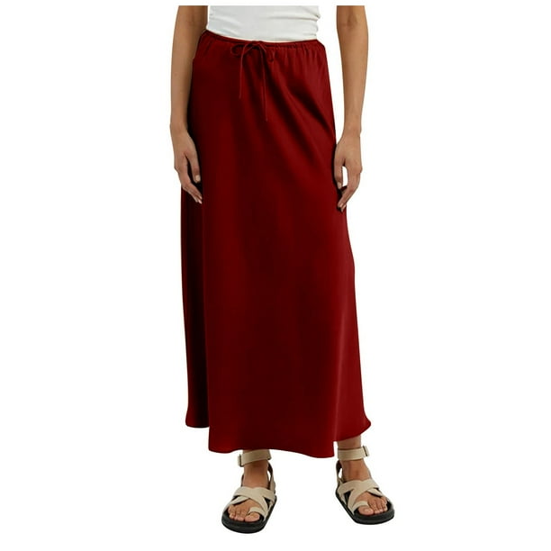 Vestido largo de satén de color liso con cintura alta y cordón para mujer - Elegante y fluido, ideal para fiestas y ocasiones formales - Tejido de poliéster - Tallas S-XL