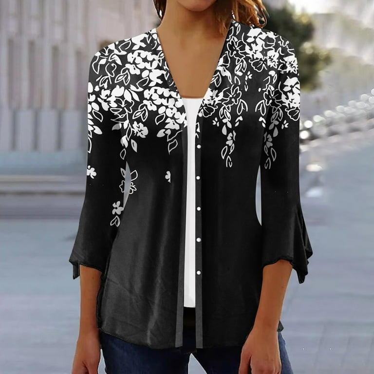  Women's 3/4 Sleeve T-Shrits Casual Cute Print Loose Trendy  Comfy Lightweight Blouse 2023 Fall Buttons Tops Cardigan : Sports & Outdoors