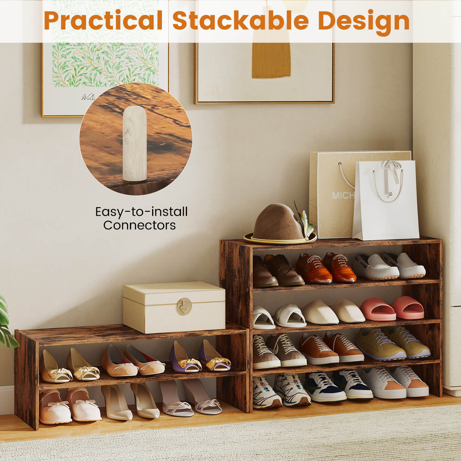 Costway 3 PCS Stackable Shoe Rack 31-Inch Horizontal Organizer 2-tier StorageShelf Brown