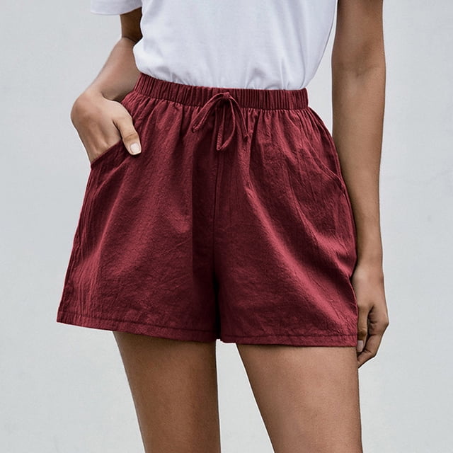 BRGZLK Womens Cotton Linen Shorts Summer Solid Color Loose Elastic Waist Drawstring Short Pants for Casual Walking Exercise Shorts with Pockets 2025 Wine XXL