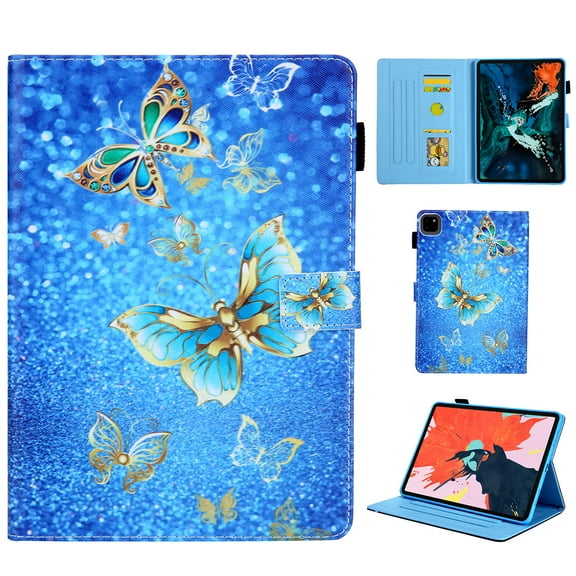 Dteck Case for iPad Pro 11-in. (M4) 2024,Magnetic Smart Pattern Leather Card Slots Wallet Case Shockproof Rubber Kickstand Cover for iPad Pro 11" 2024,Blue/Gold Butterfly