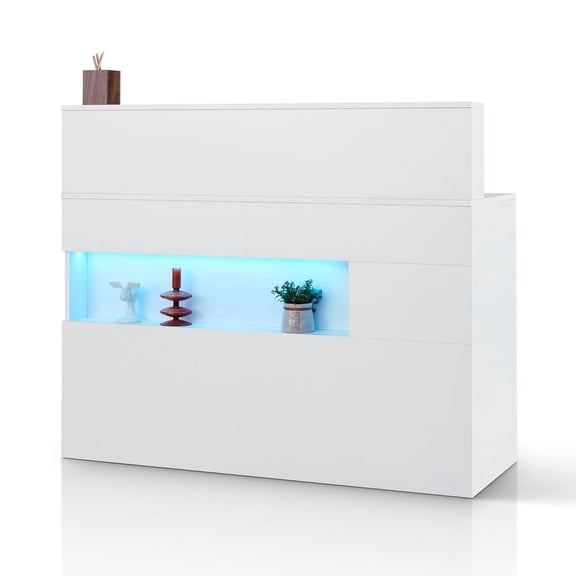 VEVOR Reception Desk, 47 Inch Rectangular Front Counter Table, Office Reception Desk with LED Light, 2 Drawers and Power Outlets, for Checkout, Lobby, Beauty Salon and Office, White