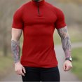 thumbnail image 4 of Camisa musculosa de manga corta para hombre, ajustada, con cremallera de un cuarto, Color puro, cuello vuelto, camisa elástica con cremallera, Rojo XXL, 4 of 6