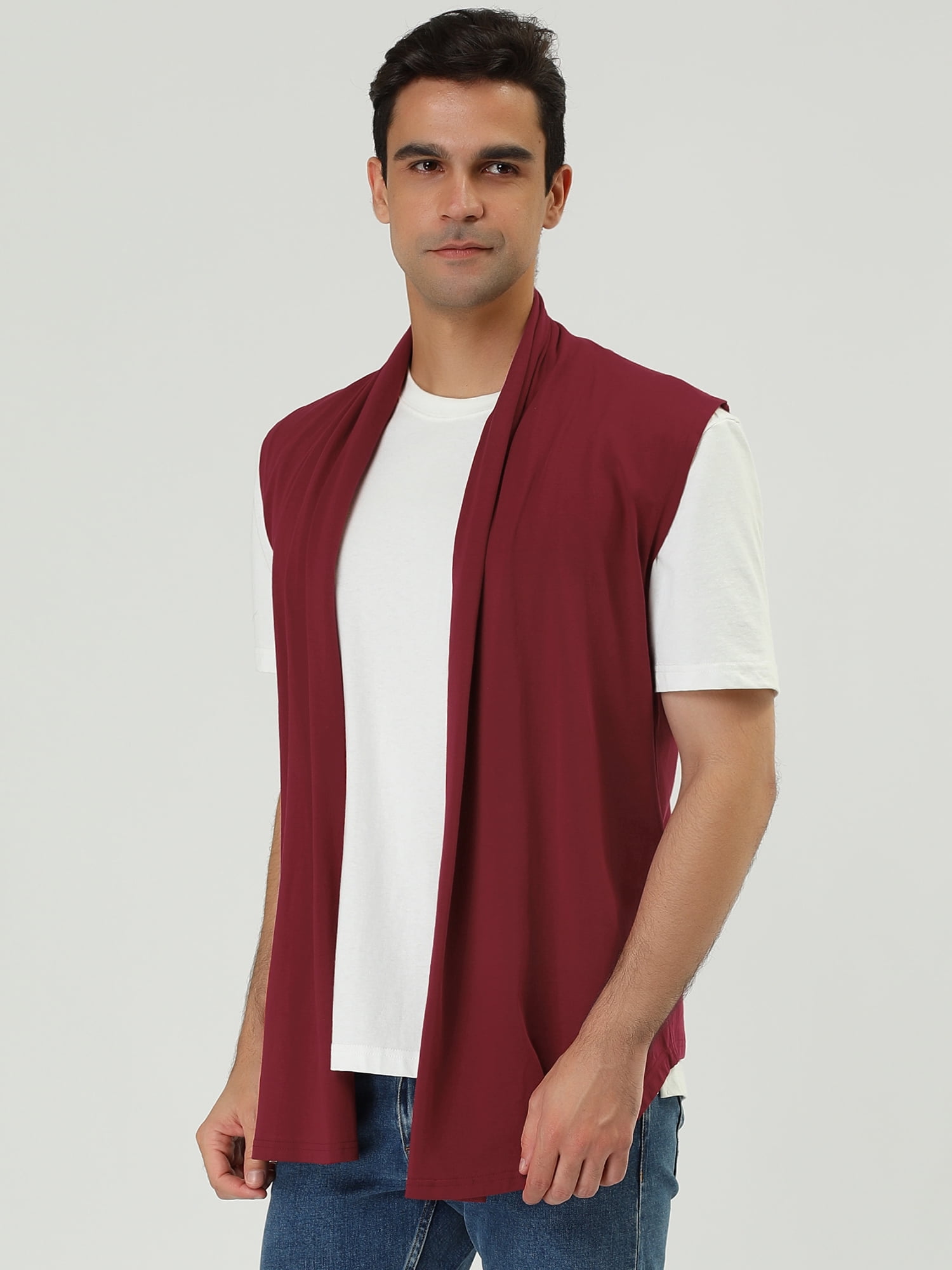 DARING DIVA Men's Sleeveless Open Front Asymmetric Hem Cardigan Vest 46 Burgundy